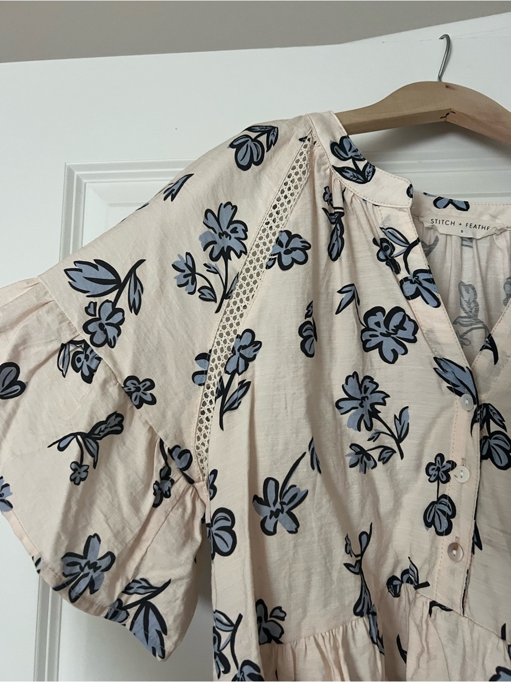 Peasant Floral Button-Front Blouse - Cream with Blue Floral - Picture 2 of 5